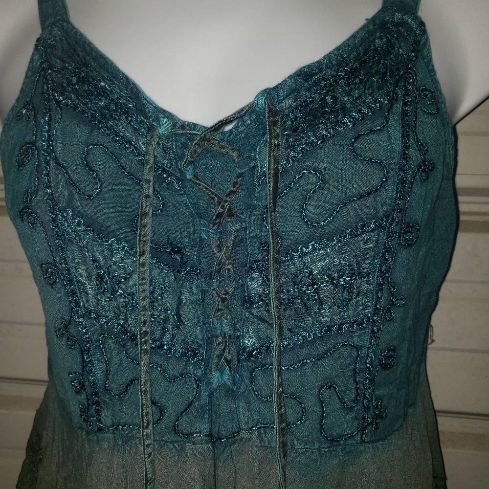 Plus Size 1x/2x Vintage Embroidered Blue Green Hippie Boho Top Shirt Festival - Picture 2 of 5